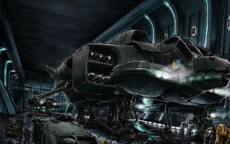 Hangar con la dropship de los marines coloniales