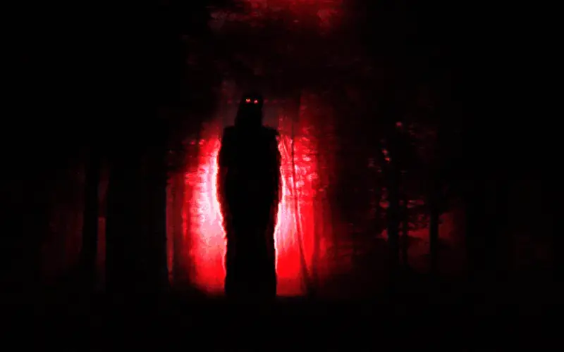 Figura anómala entre árboles iluminada en rojo
